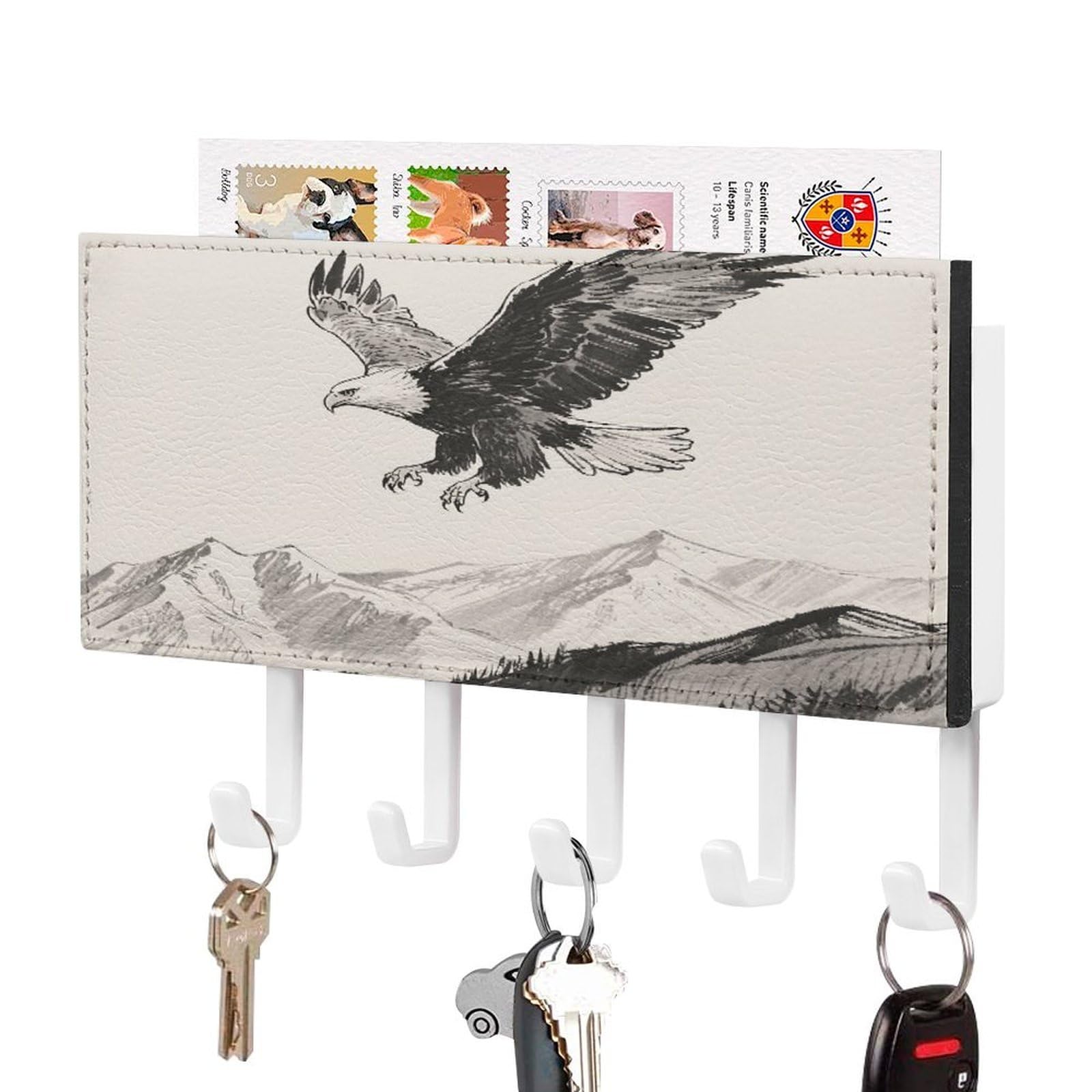 FekiLoot Soaring Eagle Key Holder for Wall Decorative Mail Organizer with 5 Key Hook Self Adhesive Key Rack with Tray Coat Rack Wall Mount Key Hanger Decor for Entryway Door
