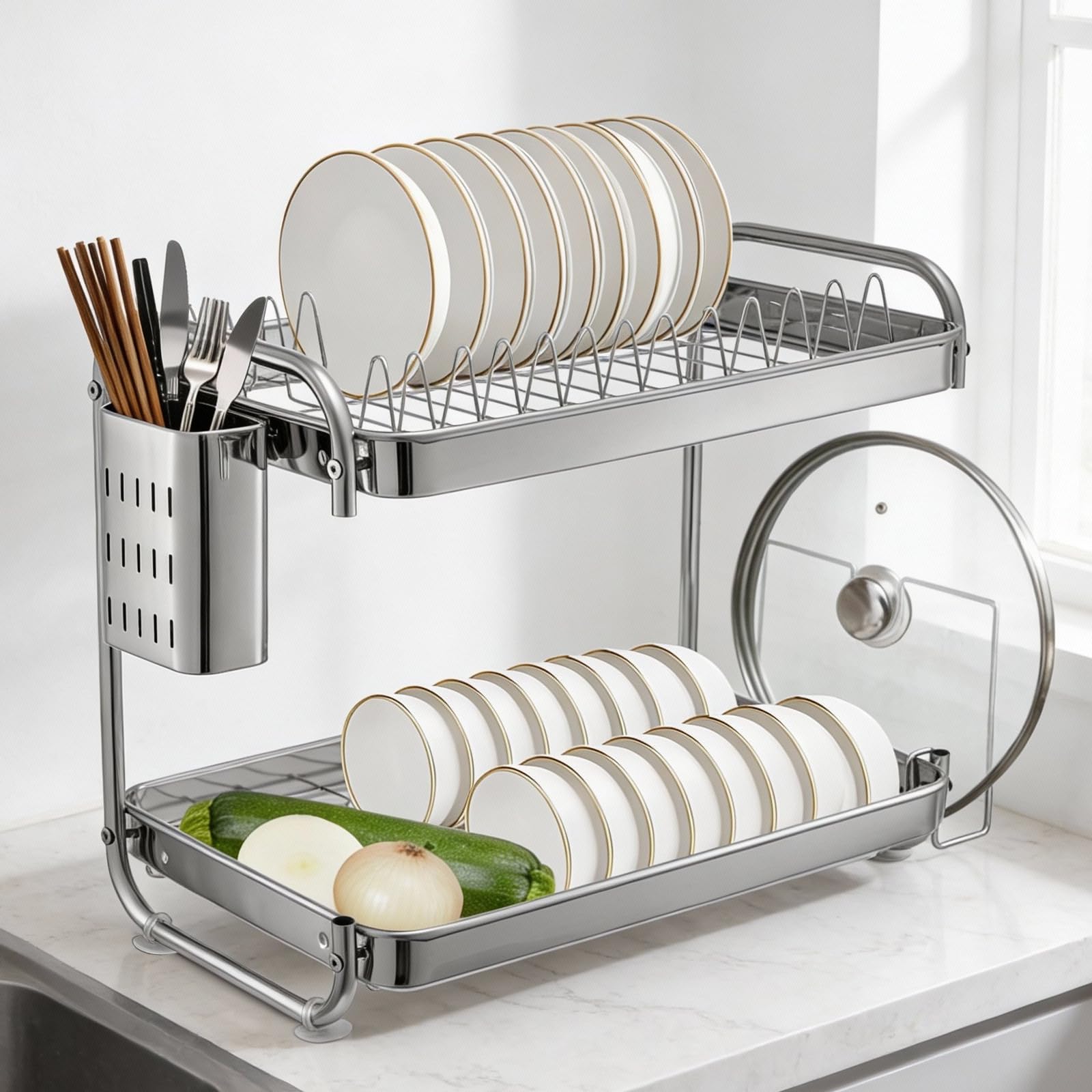Evergoods Silver 2 Tier Dish Drainer Rack For Kitchen Counter Space Saving Dish Rack With Utensil Holder Cutting Board Holder, Drip Tray Space Saving Kitchen Organizer