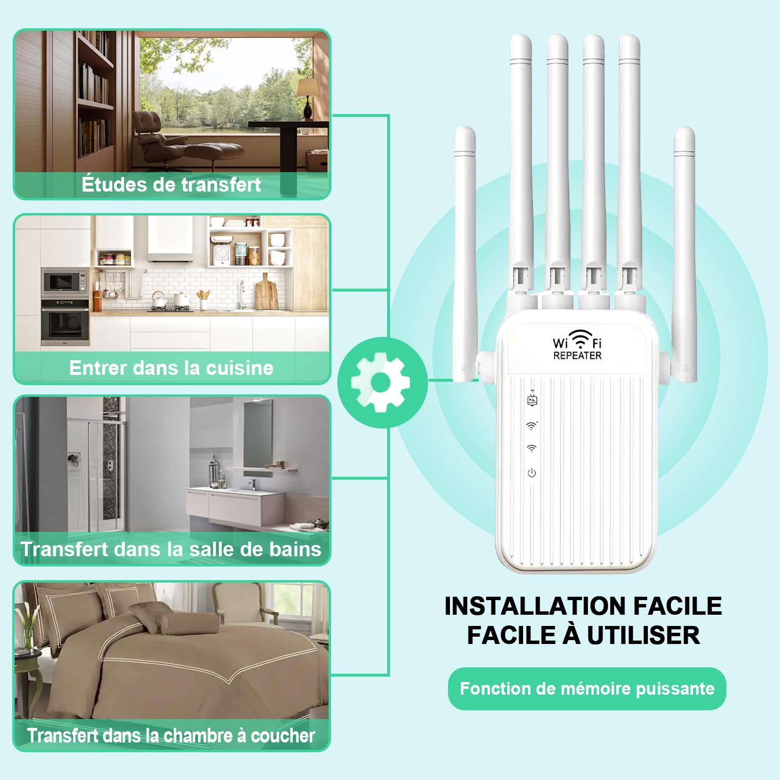 Répéteur WiFi Puissant 5G 2.4G - Amplificateur de Signal 6 Antennes, Coupure 1000 m², 2 Rj45 Ports LAN, Mode Répéteur & Routeur & AP,pour Maison & Bureau