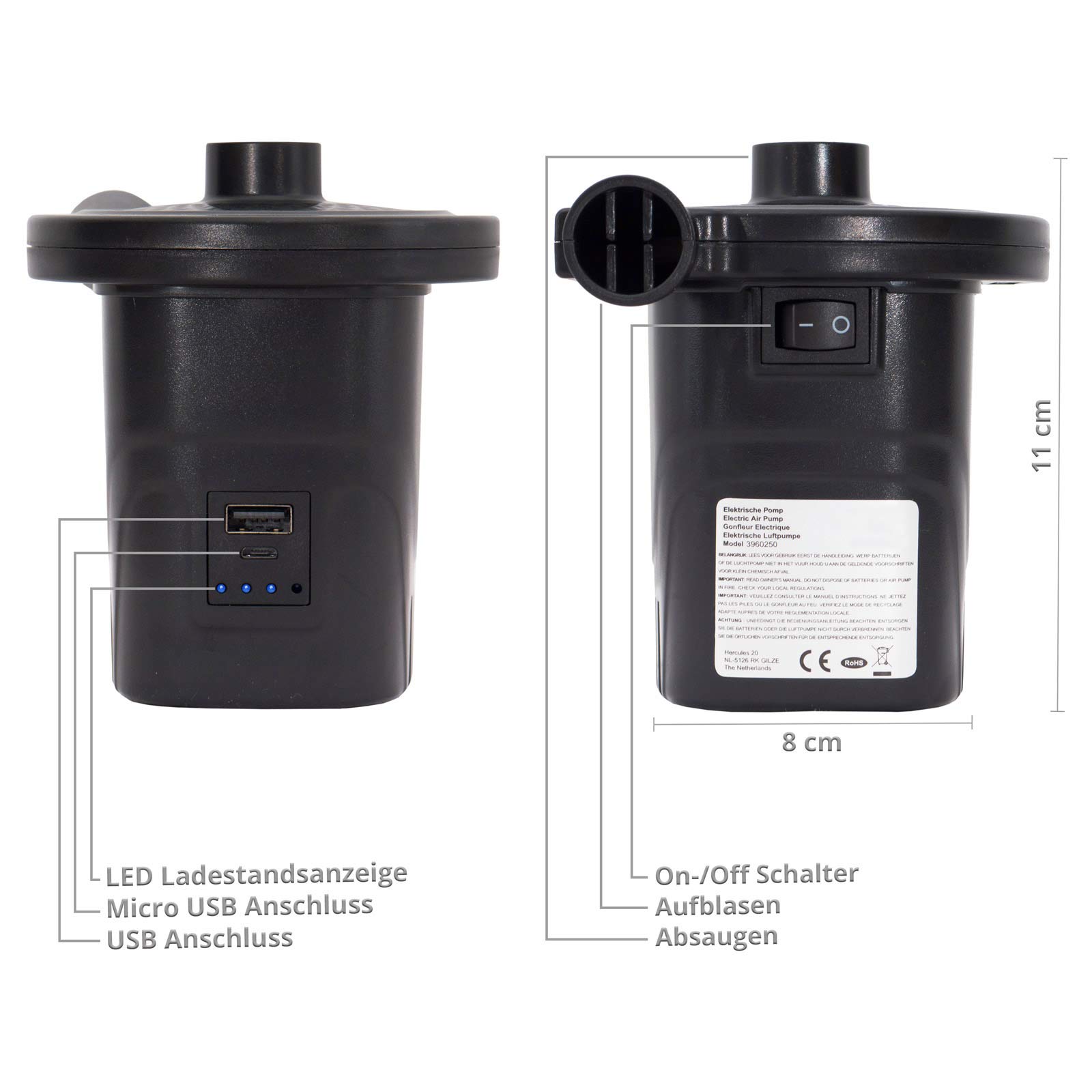 Bo-Camp - Elektrische Pumpe - Wiederaufladbar - USB - 4000 mAh - 250ltr/min