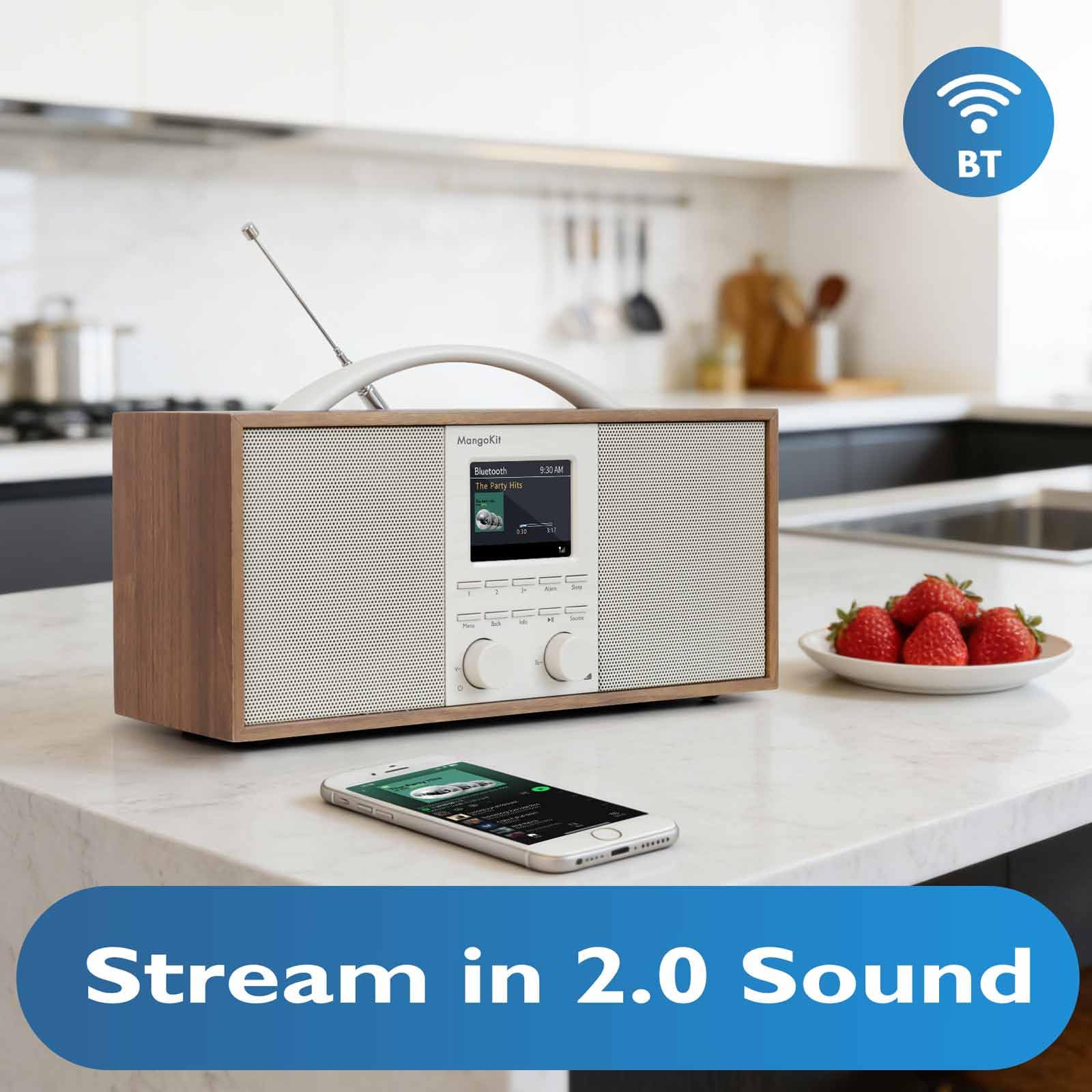 SR40 Radio por Internet Recargable con Bluetooth,Podcast Player-Radio Dab/Dab+ y FM estéreo, batería 10+ Horas, Sonido Real 2.0, 150 presintonías, Radio Despertador, Madera de Primera Calidad