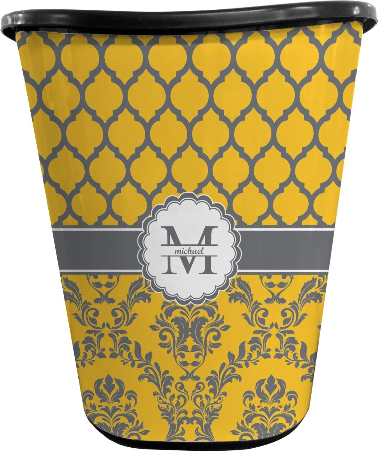 Personalized Damask & Moroccan Waste Basket - Double Sided (Black)