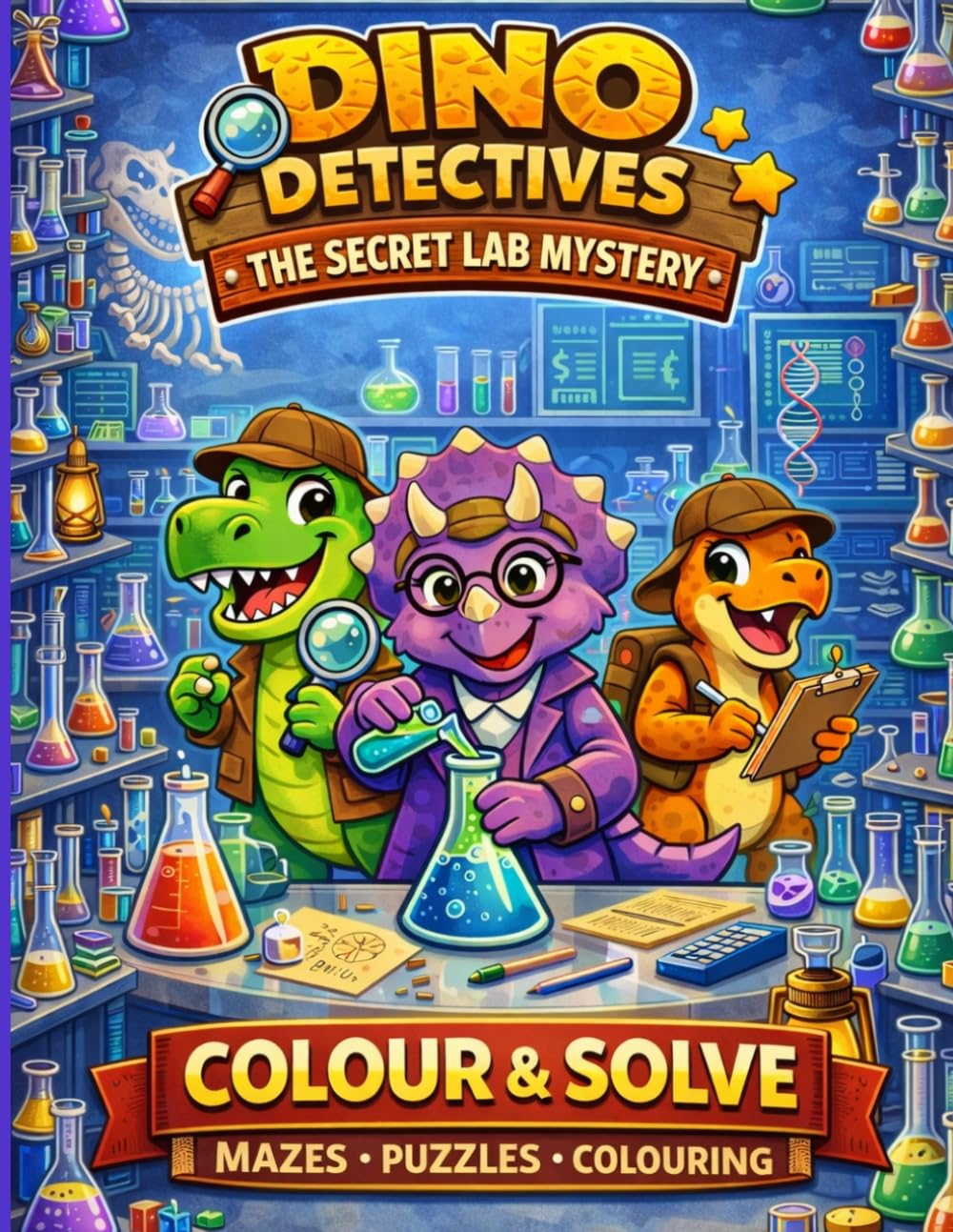 Dino Detectives: The Secret Lab Mystery: A Colour & Solve Activity Book for Kids Aged 4-8. Mazes, Puzzles & More!