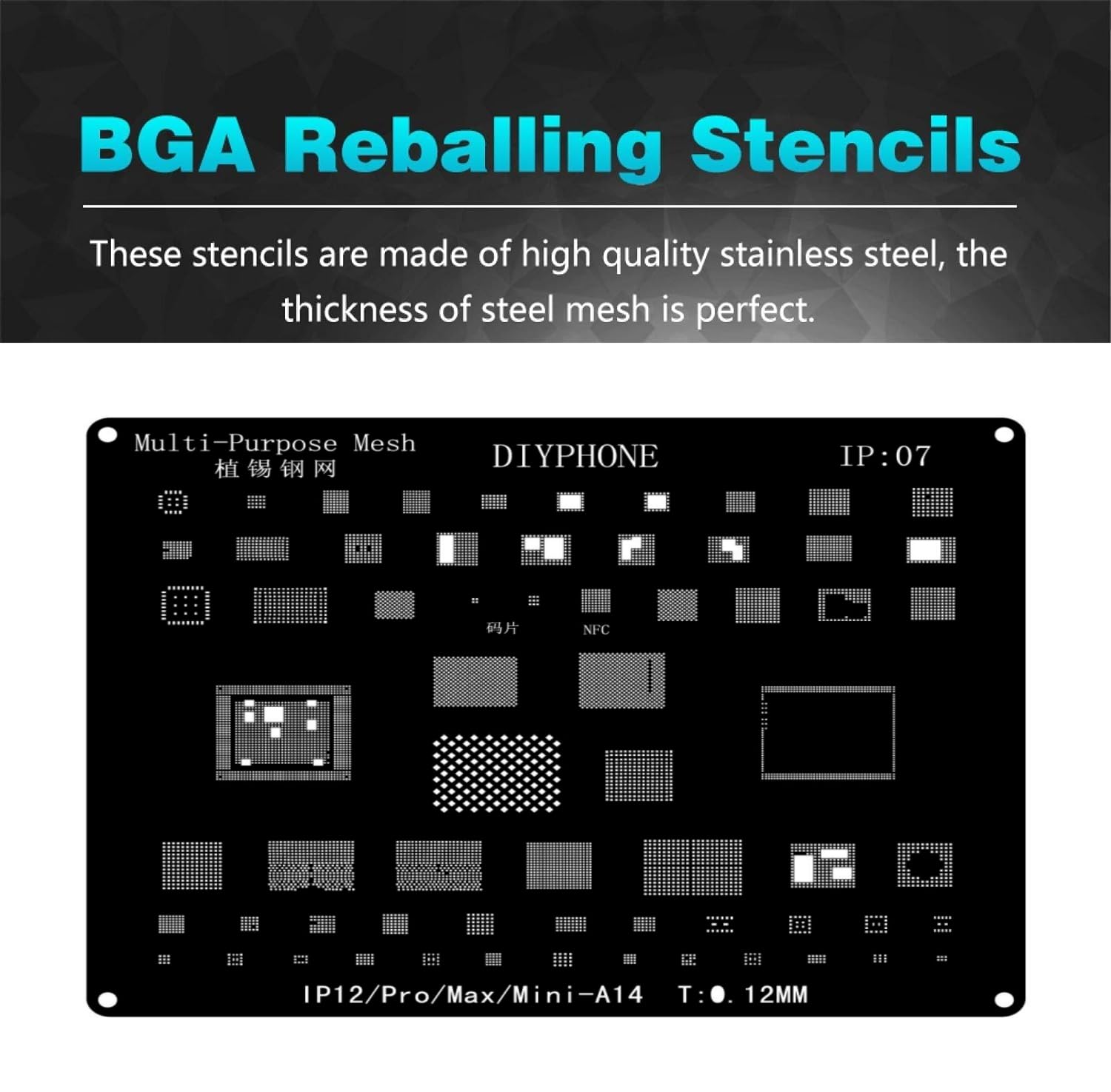 Black Multi-purpose BGA Reballing Stencils, Solder Steel Mesh Tin Planting Template, Template Mesh Directly Heat Kit Phone Rework Net for iPhone 6-15 Series CPU Repair Tools (12 series)