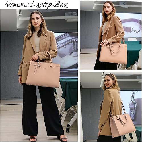 Miniatura 7 de Bolsa de cuero para laptop de 15.6 pulgadas para mujer, bolsa de trabajo para oficina y negocios, impermeable, maletín para computadora, bolso