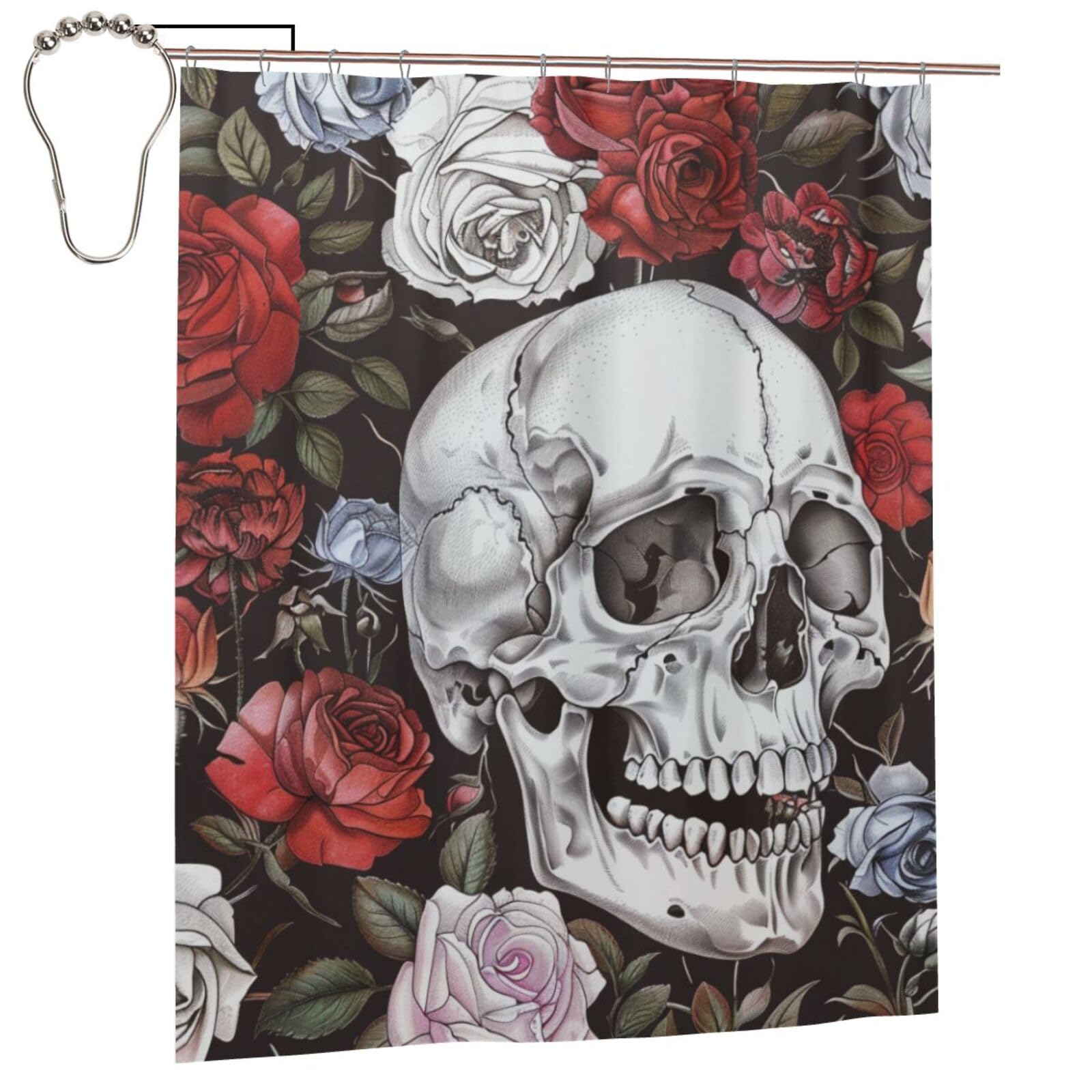 BWWHCCTI Floral Skull Printed Shower Curtain With 12 Iron Hooks Opaque Quick Drying Waterproof Shower Curtains Sets For Bathroom 152x183 Cm
