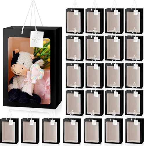 24 bolsas de regalo transparentes con ventana de 13.8 x 9.8 x 5.9 pulgadas, bolsas de regalo transparentes con asa, bolsas de papel para el día de