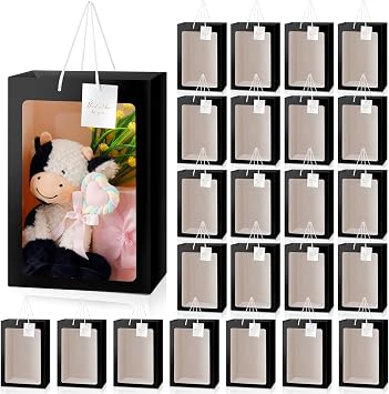 Yahenda 24 Pcs Large Gift Bags with Clear Window 13.8 x 9.8 x 5.9 Transparent Paper Flower Bouquet Bags Totes with Handle for Wedding BirthdayBlack