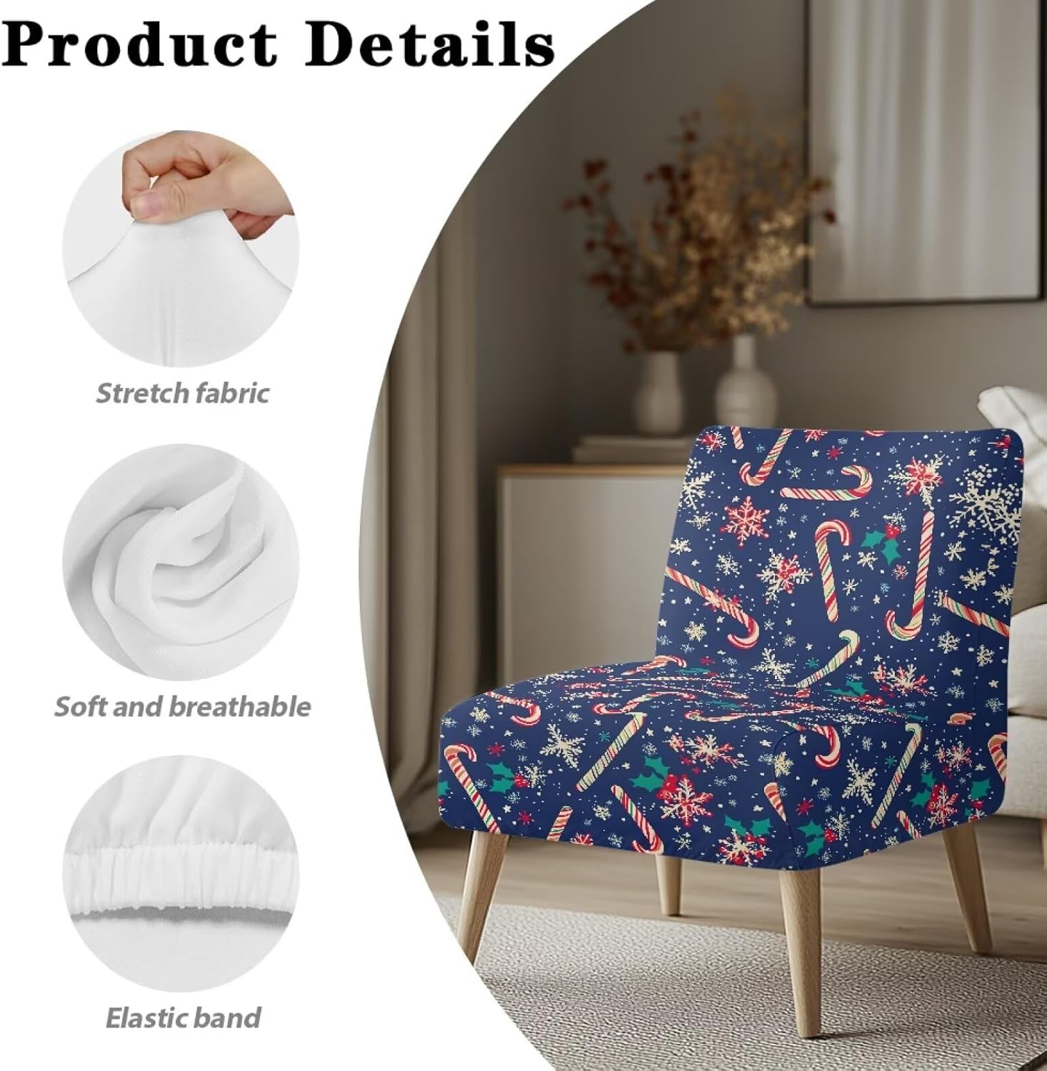 Blue Christmas Accent Chair Covers Without Arms Candy Thick Armless Recliner Chair Sofa Cover Stretchable Removable Armless Chair Slipcover for Living Room Hotel Home Decorations