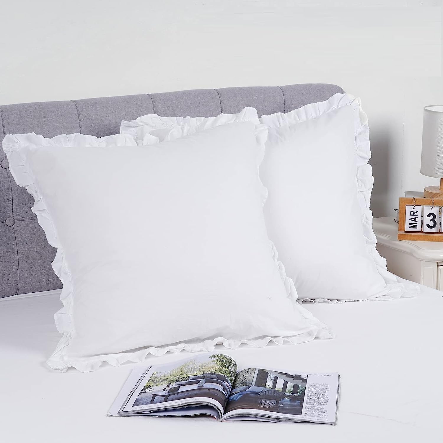 White Ruffle Euro Sham Covers Farmhouse European Sham Large Pillow Covers 26x26 Set of 2 Shabby Chic Rustic Pretty Vintage Lace Bright Bed Euro Pillowcases Cute Cotton Plain