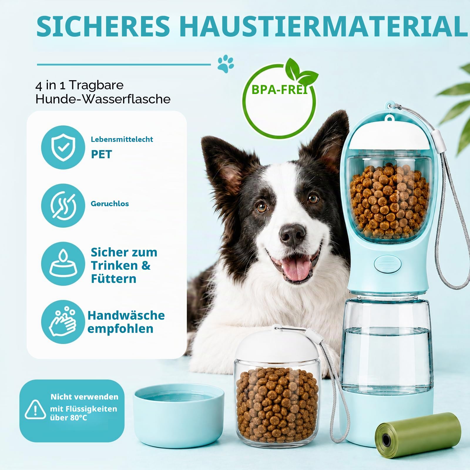4-in-1 Hundetrinkflasche für Unterwegs – Auslaufsicheres Design mit Integriertem Napf, Futterfach & Kotbeutelhalter für Spaziergänge – Geeignet für Kleine bis Mittelgroße Hunde & Katzen