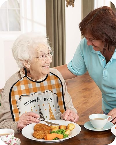 Miniatura 4 de QueenKer Funny Adult Bibs for Eating, Happy Fall Y'All Gnome Orange Plaid Waterproof Clothing Protector Washable Adult Bib with Crumb Catcher for