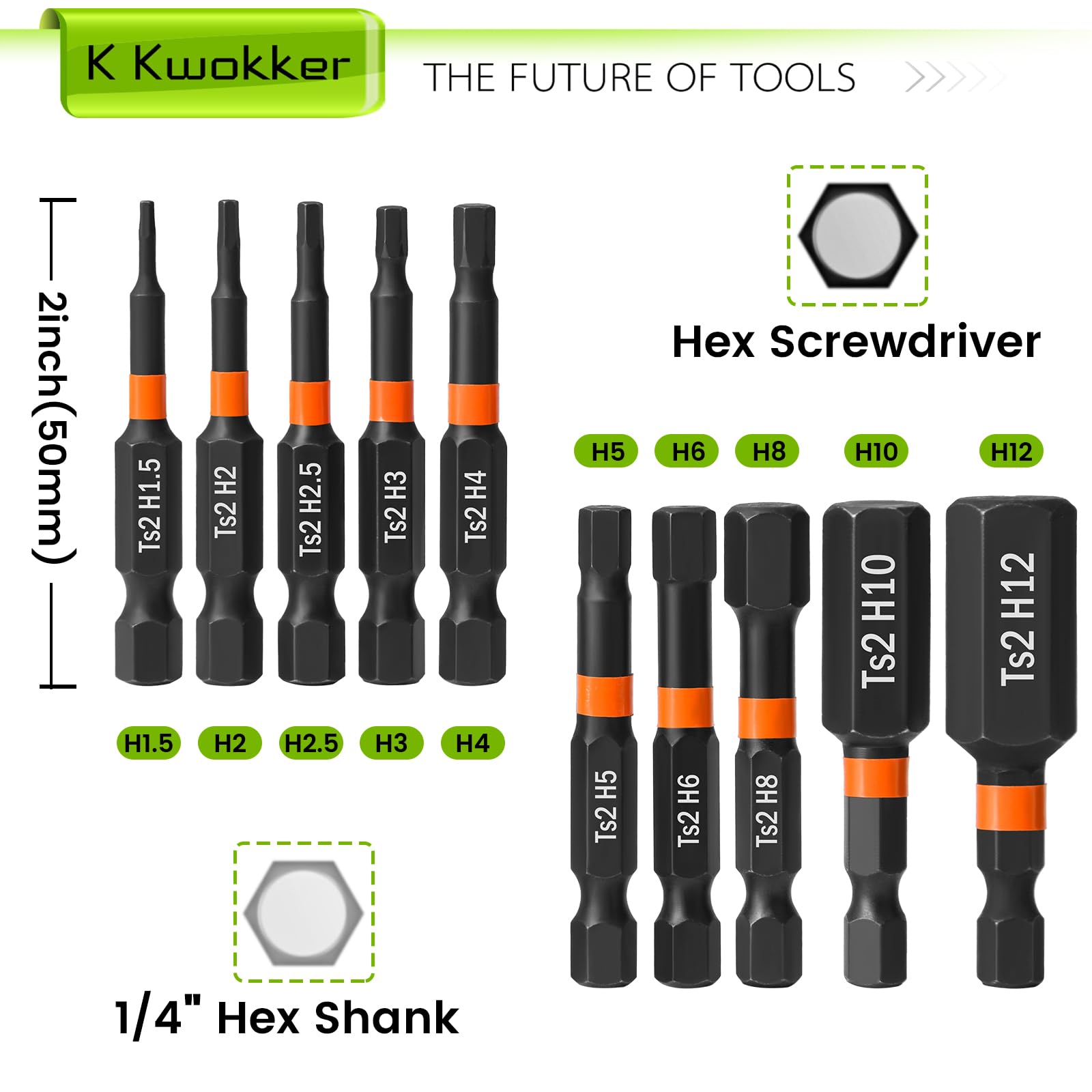 K Kwokker 10PCS Hex Allen Key Drill Bit Set, 50mm S2 Steel Metric Hex Head Allen Wrench Drill - Image 2