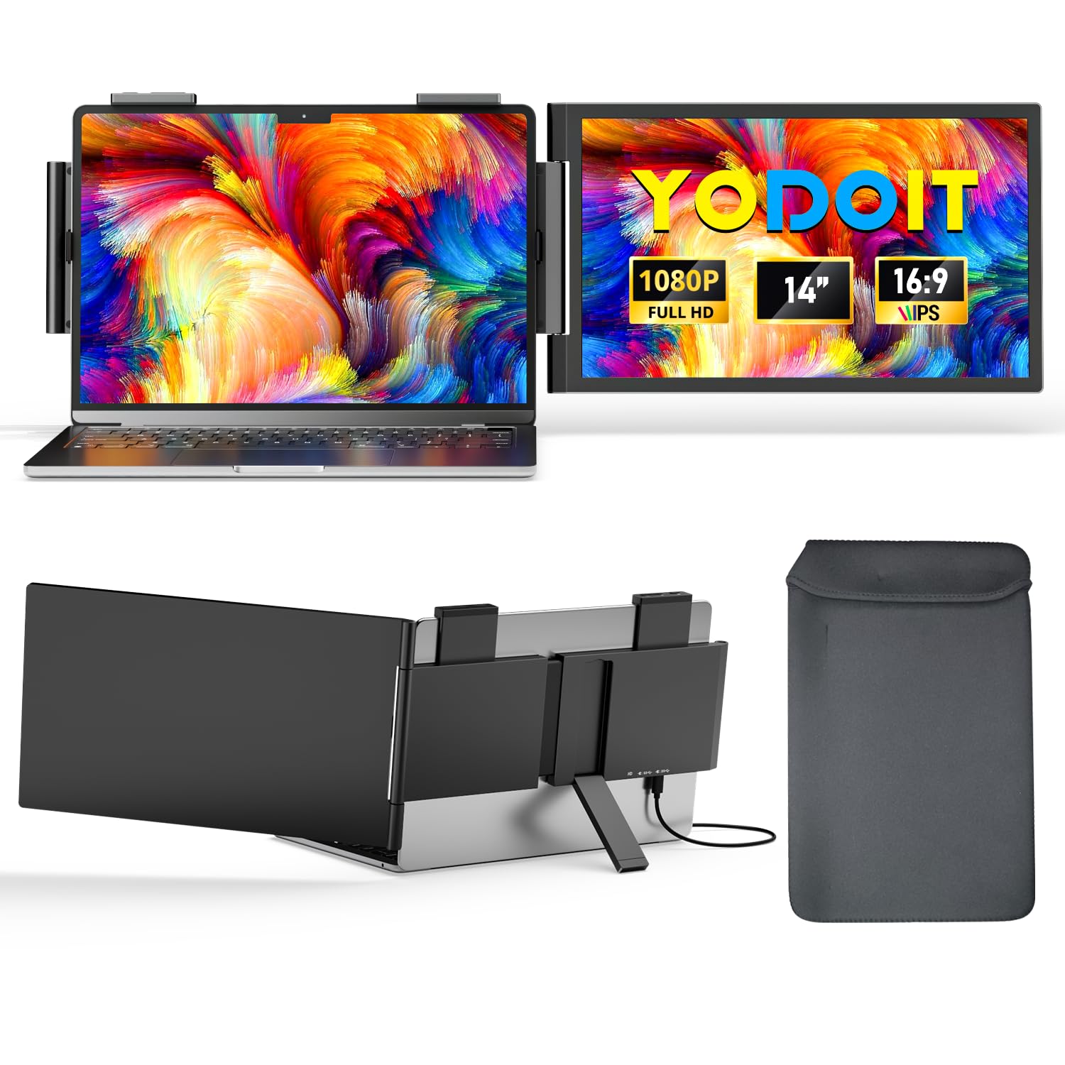 Yodoit Laptop Screen Extender, 14" FHD 1920×1080 Travel Monitor with USB Type C Port and Built-in Speakers Compatible with MacBook