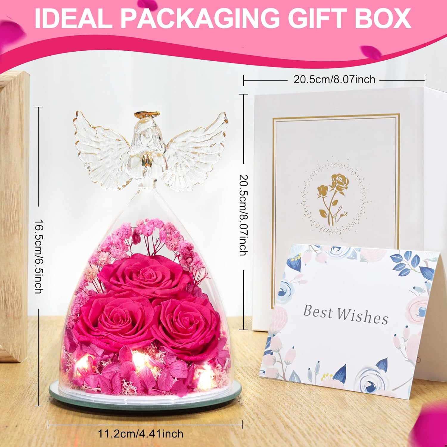 Valentines Day Gifts for Her Women Preserved Flower Rose, Forever Eternal Fresh Flowers in Glass Angel Figurines Flowers for Delivery Prime for Grandma Mom from Daughter Wife Mothers Day Birthday Pink - Image 7