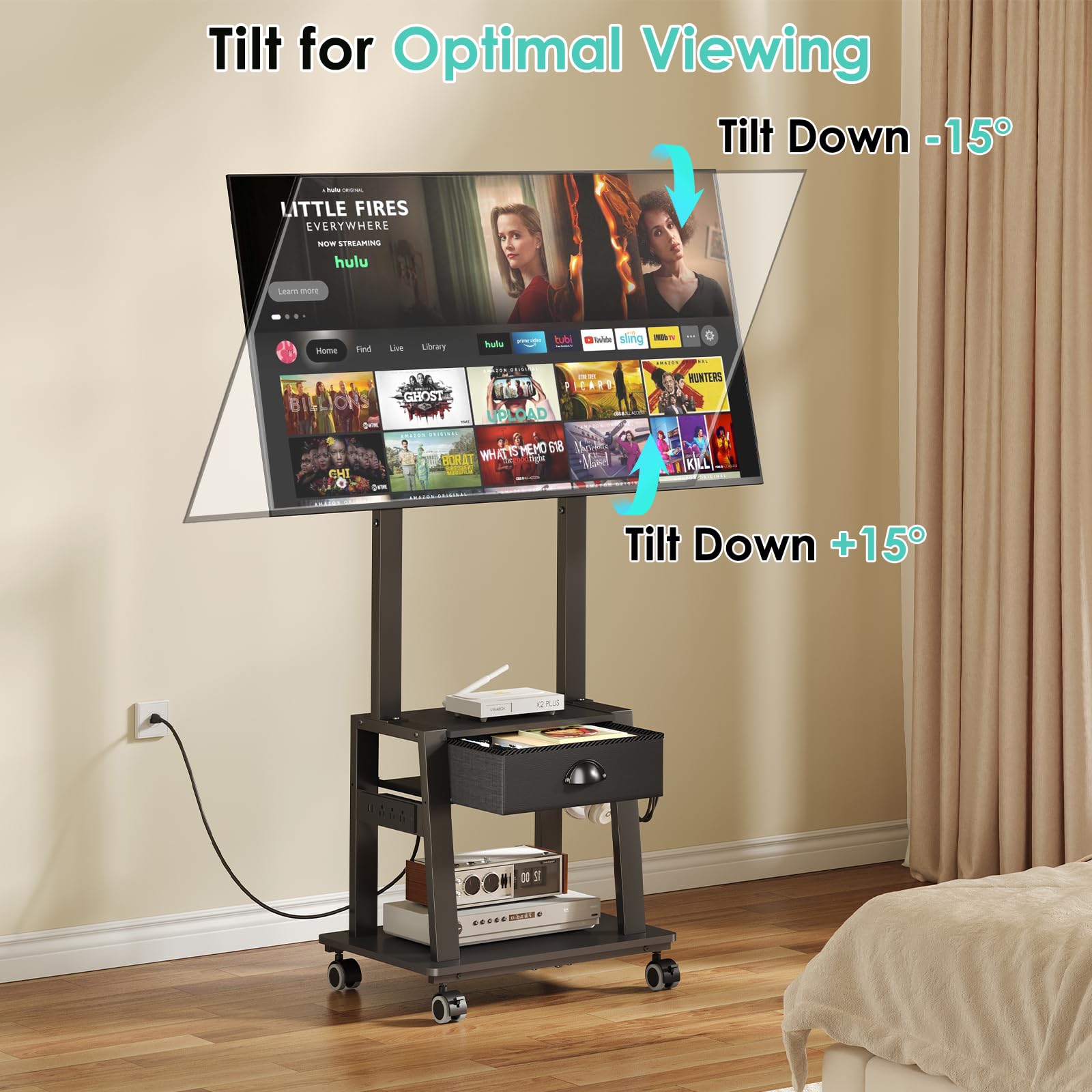 Mobile TV con presa di corrente, carrello TV inclinabile con cassetto per schermo piatto/curvo da 23-60 pollici fino a 22,7 kg, supporto portatile per TV su ruote, per interni ed esterni, VESA max 400