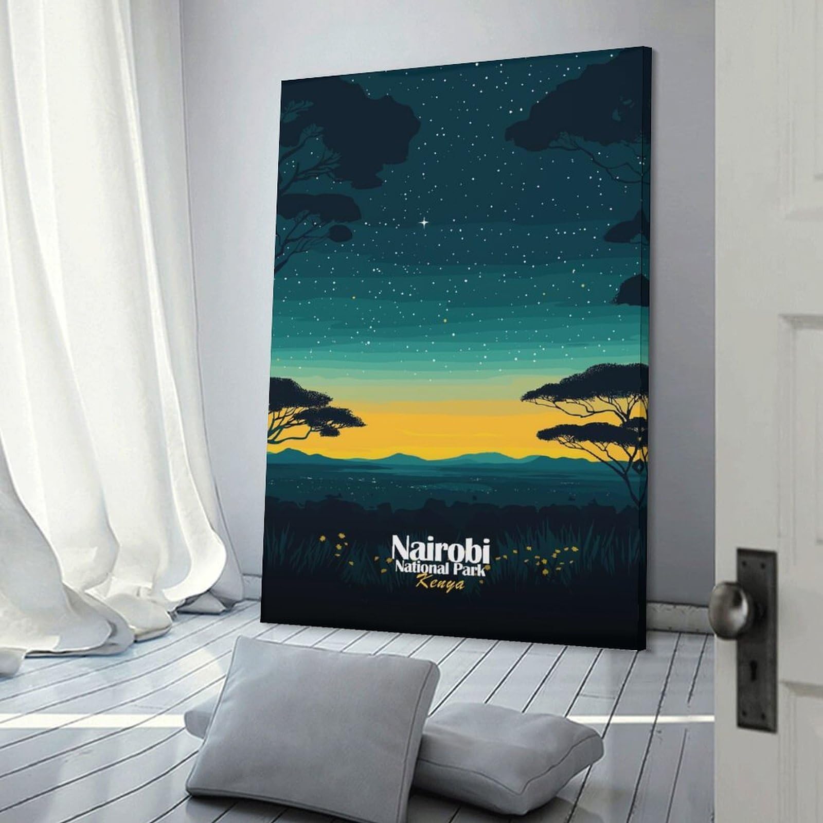 Junmoney Frame-Style-15 Decorative Canvas Print Nairobi National Park Night Sky, 16X24inch(40X60cm), For Home Office, Desk Area Or Studio, Home Office Artwork With Decorative Appeal