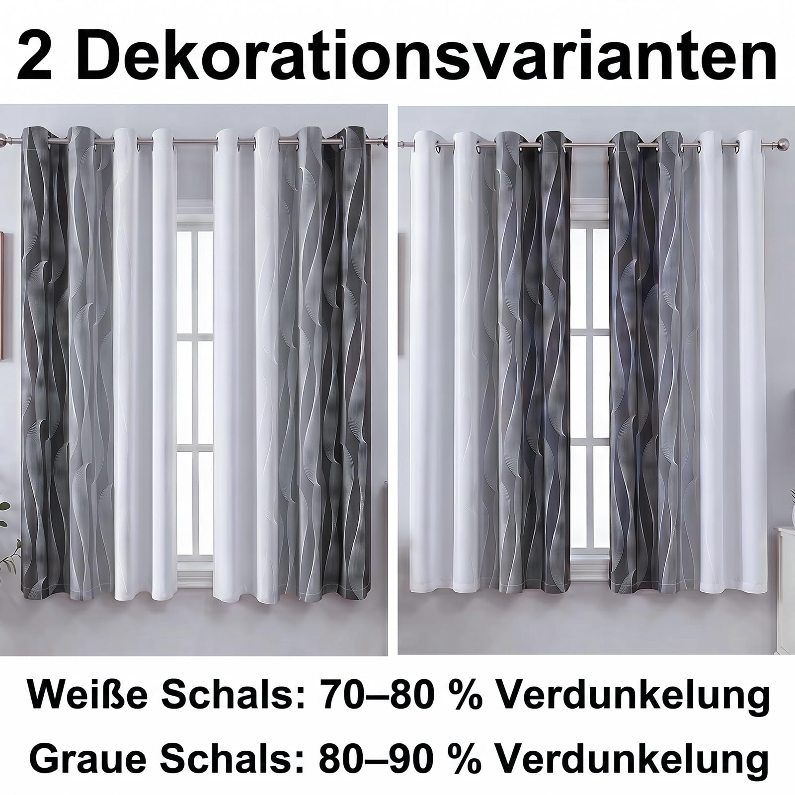Tende oscuranti ombré grigio sfumato e bianco, H260 x L140 cm, 2 pannelli con occhielli, motivo a onde, oscuramento 80-90%, soggiorno camera ufficio