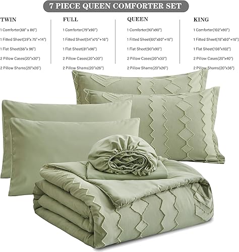 Miniatura 4 de Juego de edredón tamaño Queen de 7 piezas de color verde salvia, juego de ropa de cama tamaño Queen con bordado geométrico, juego de edredón bohemio