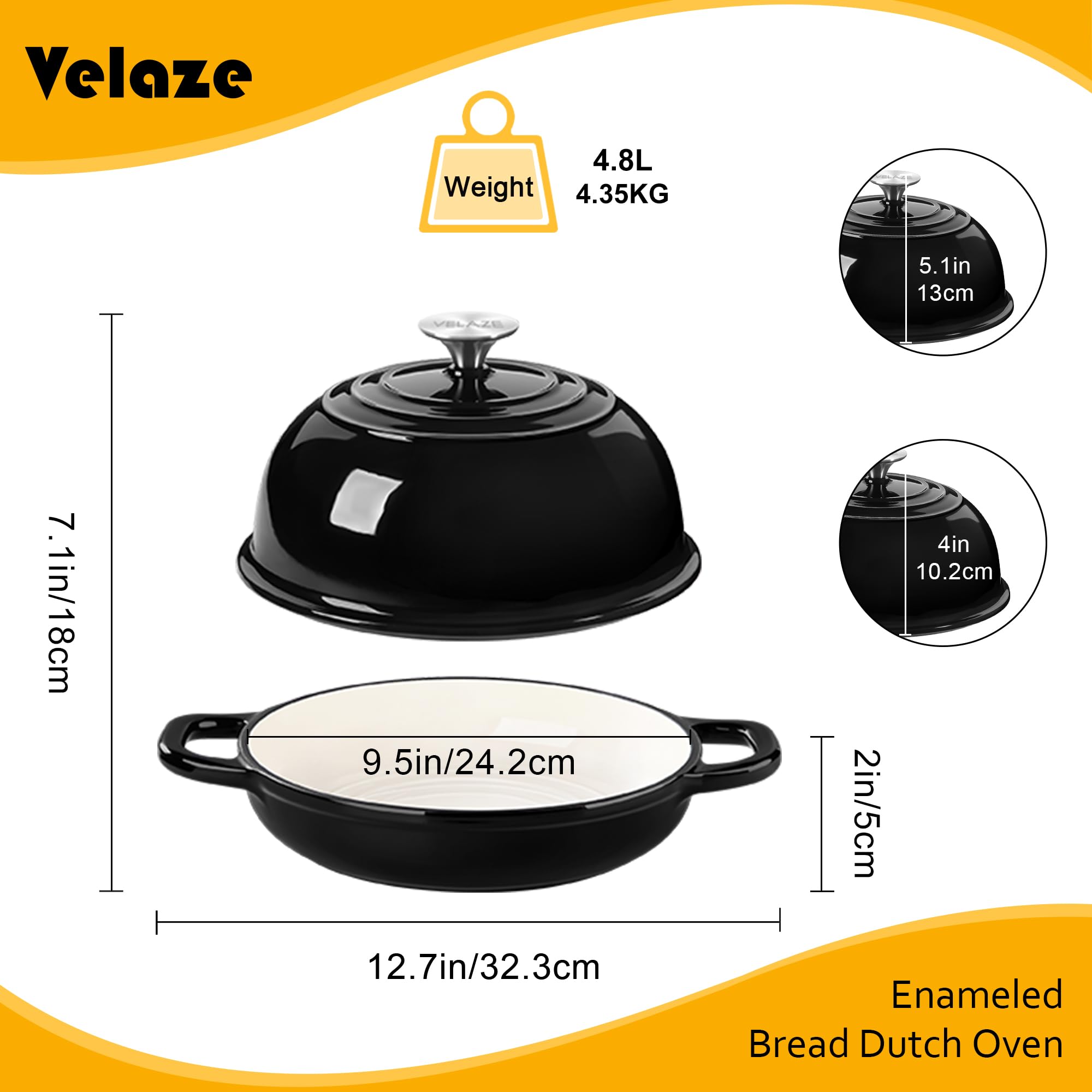 Velaze Gusseisen Topf Brot Backen, 4,8L Emaille Schmortopf mit Deckel und Griffen, 26 cm Brotbacktopf, Bräter Gusseisen, Dutch Oven für Küche Backen Schmoren & Braten (Schwarz)