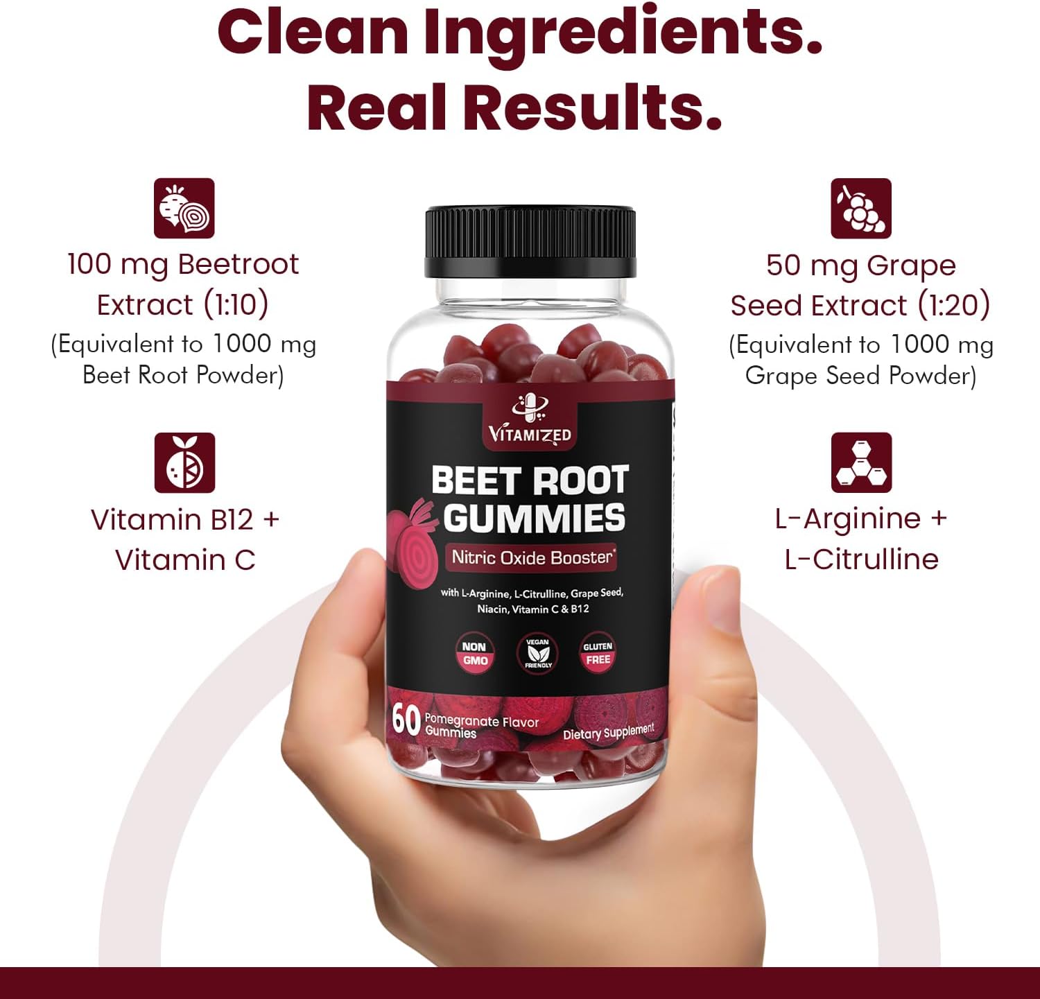 Beet Root Gummies - Super Nitric Oxide Beets Supplement - Red Beetroot Heart Chews with Grape Seed Power & B12- Pomegranate Flavor, 60 Chewables Beets