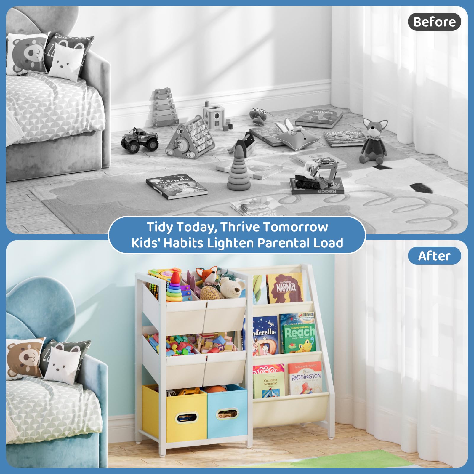 HAVLOTII Montessori - Libreria per bambini, con 3 scomparti, per la cameretta dei bambini, piccola libreria con 6 contenitori per giocattoli, espositore per libri Montessori