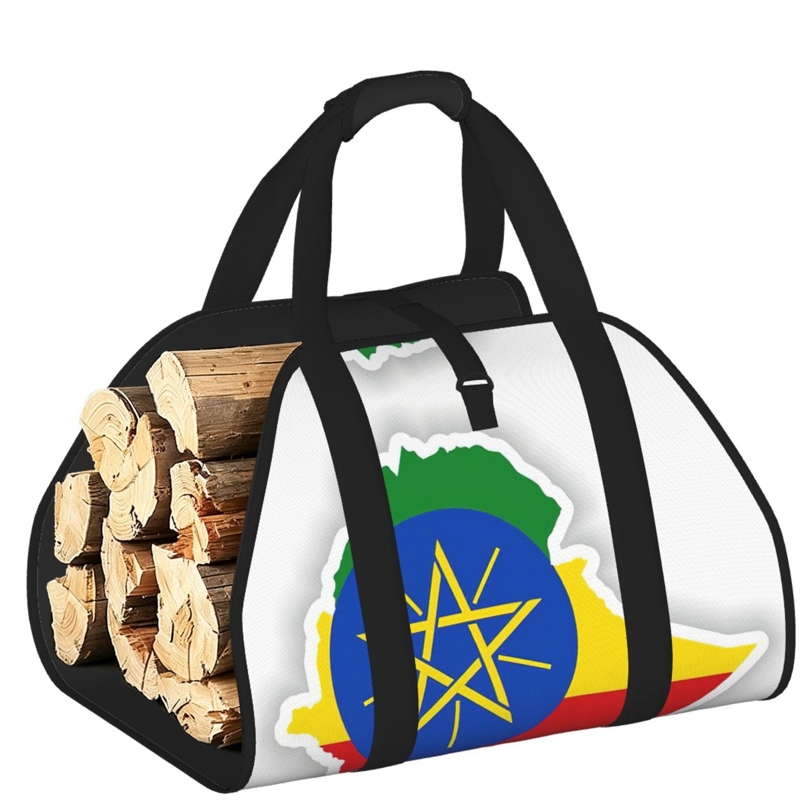 Ethiopia Flag Map Printed Firewood Log Carrier, Large Tote Bag with Reinforced Handles for Camping Fireplace Home
