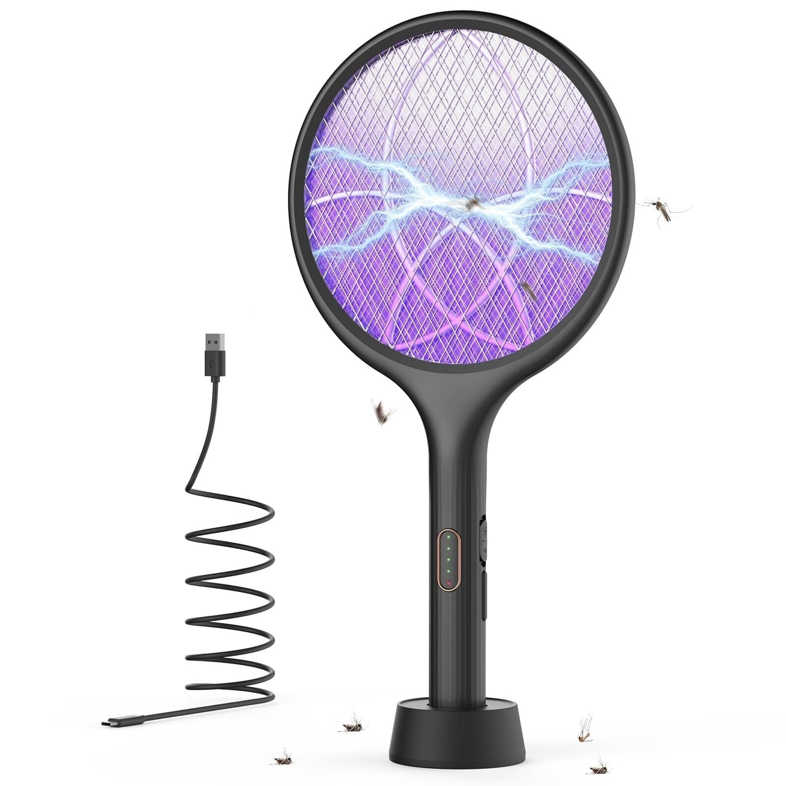 Electric Fly Swatter 4000V Bug Zapper Racket Mosquito Killer 1500 mAh 3 Layers Mesh with USB C Cable Stand Base for Indoor Outdoor(Black)