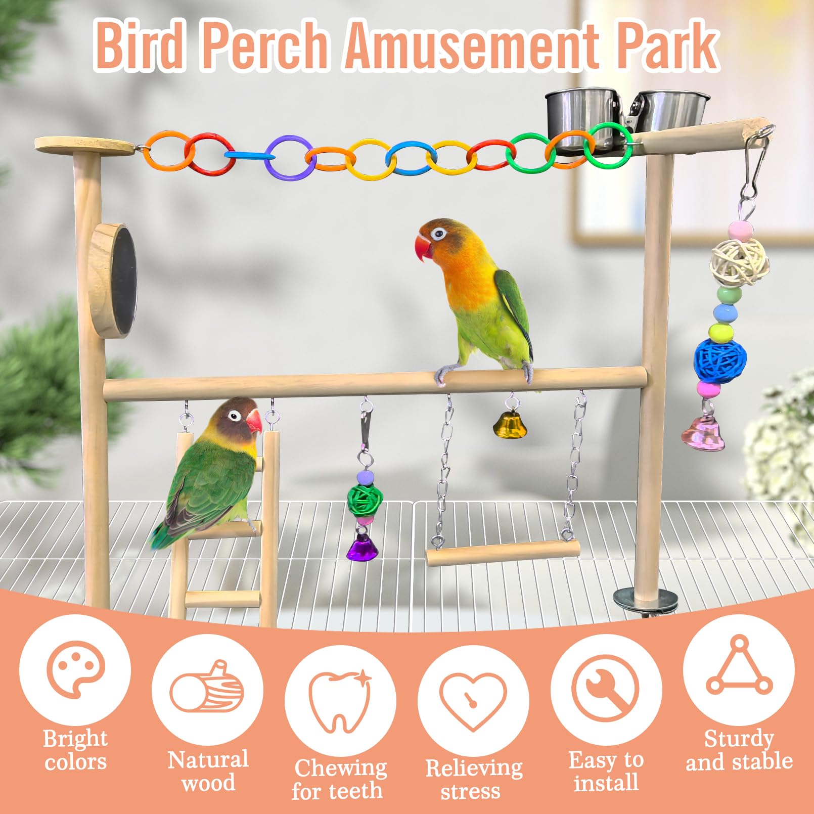 Hamiledyi Kleiner Vogelspielplatz, Naturholz für die Oberseite des Käfigs, Vogelsitzstange für Papageien, Spiel, Fitnessstudio, Spielzeug für kleine Vögel, Papageien, Nymphensittiche, Liebesvögel