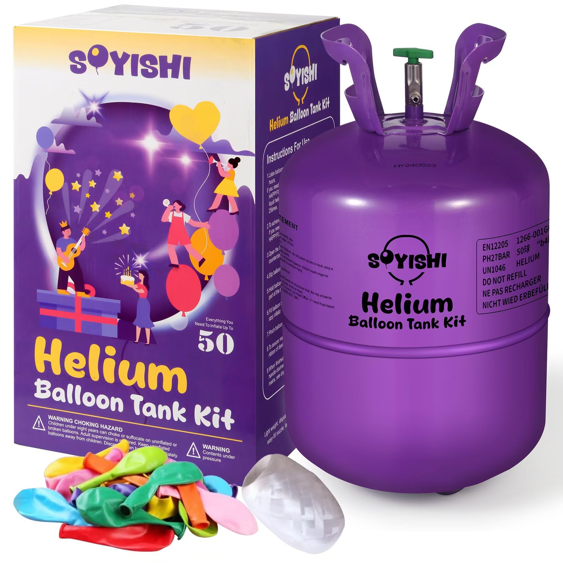 13.4L Helium Tank for Balloons at Home Balloon Pump Kit Up to 50 Assorted Latex Balloons White Curling Ribbon and Balloon Tie Tool (1 Tank)