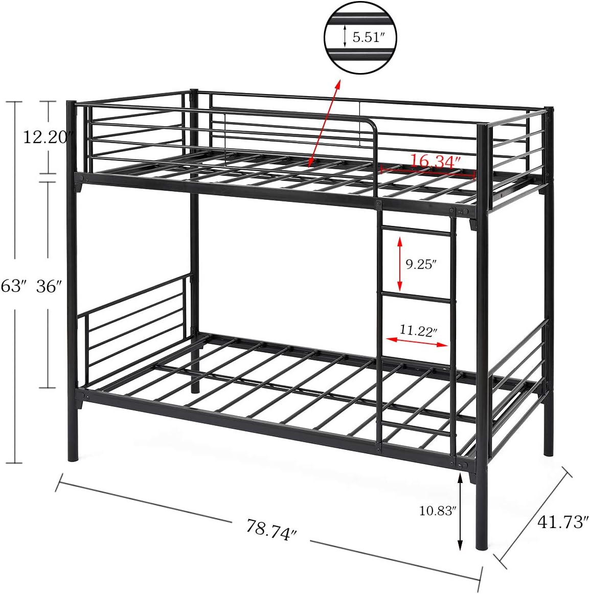 Diagram showing dimensions of the JURMERRY Bunk Bed Frame