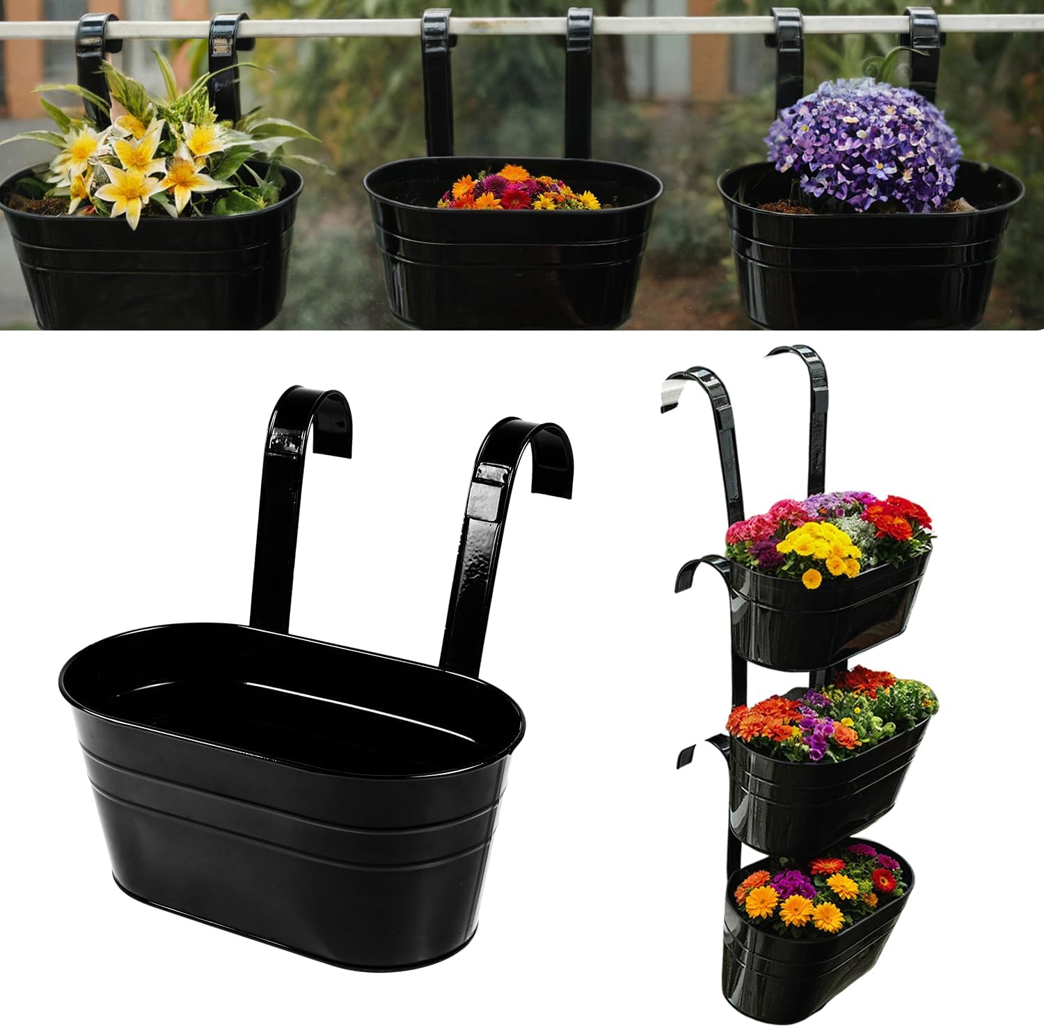 3Pieces Stackable Railing Planter Box Set Black, Durable