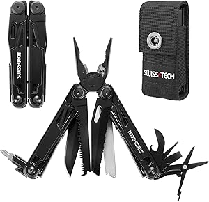 Swiss+Tech Alicate Multiuso 16 en 1, Navaja Multiusos de Acero Inoxidable, Multiherramienta Alicate Plegable Color Negro, Multifunción con Alicates, Navaja, Sierra para Acampada, Senderismo, etc