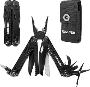 Swiss+Tech Alicate Multiuso 16 en 1, Navaja Multiusos de Acero Inoxidable, Multiherramienta Alicate Plegable Color Negro, Multifunción con Alicates, Navaja, Sierra para Acampada, Senderismo, etc