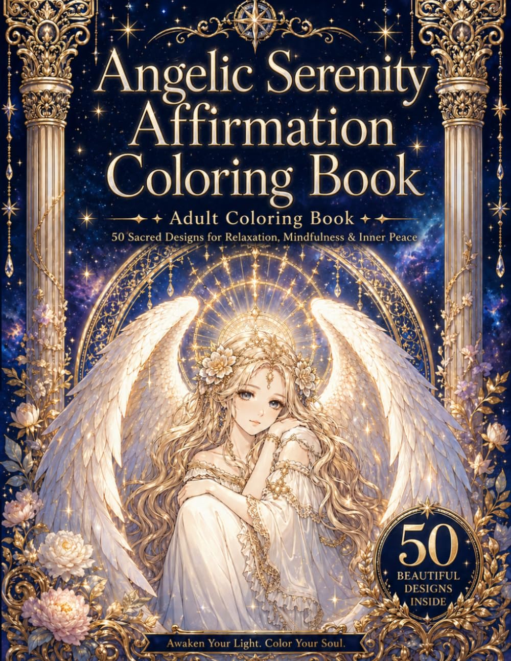 Angelic Serenity Affirmation Coloring Book: 50 Beautiful Fantasy Angels and Goddesses with Healing Affirmations for Self-Love, Stress Relief, Relaxation, and Inner Peace
