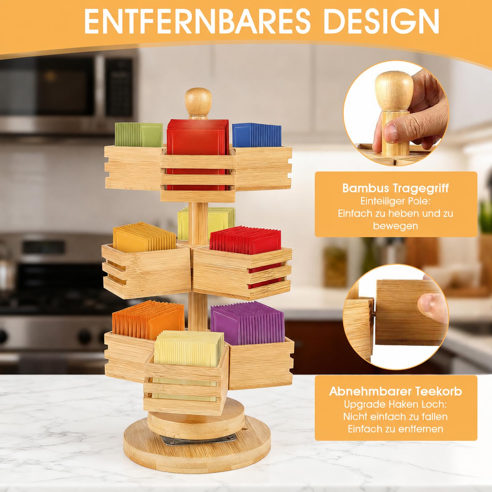 Organisateur de sachets de thé en bambou à 3 étages - Pivotant à 360° - Boîte à thé avec 9 compartiments - Étagère à thé debout pour cuisine, plan de travail, bureau, café, sucre - Bois