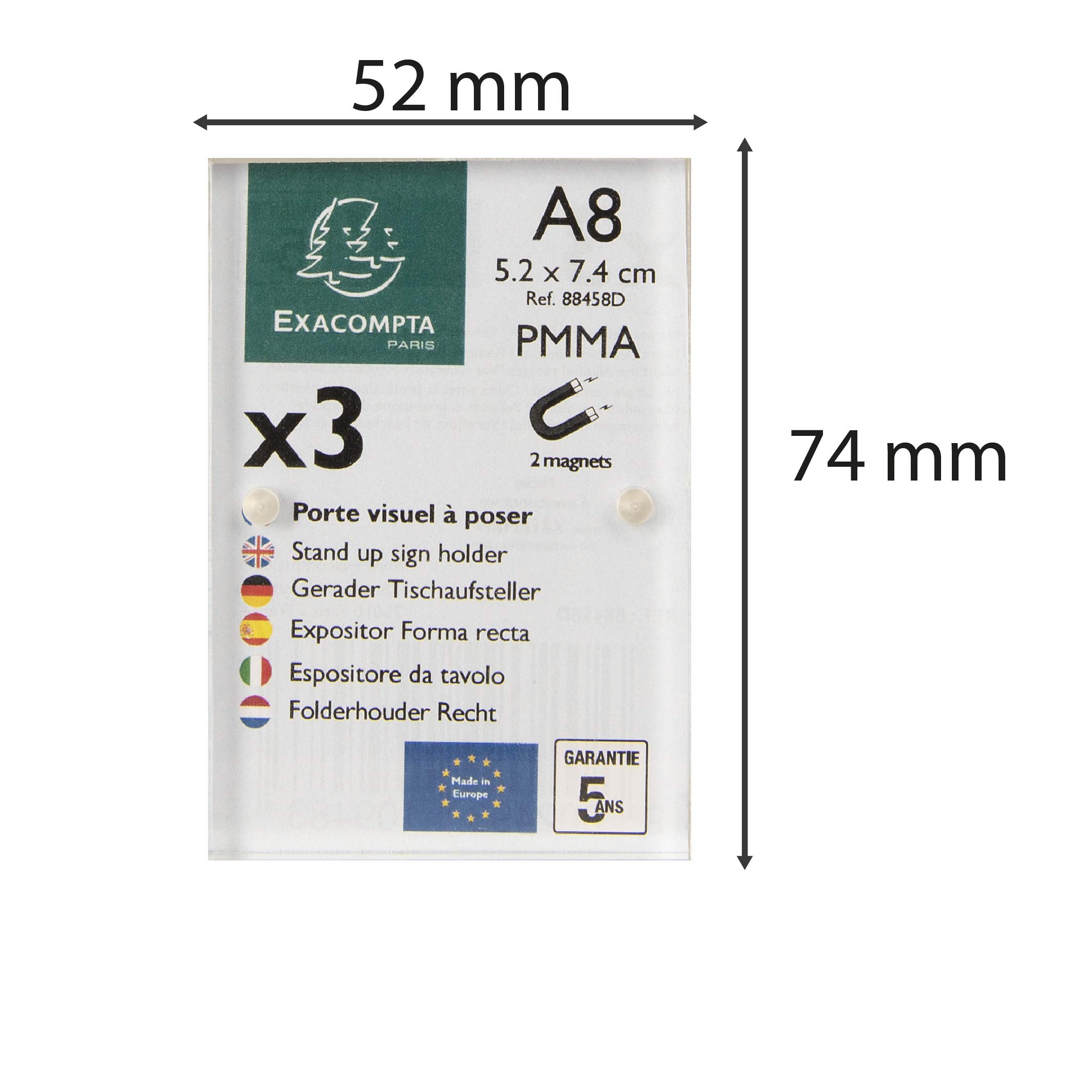 Exacompta - Ref 88458D - Soporte para carteles con cierre magnético - Adecuado para papel A8, hecho de material PMMA (acrílico), visible por ambos lados, transparente (paquete de 3)