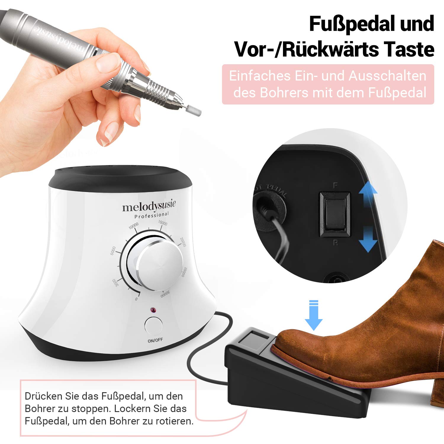 MelodySusie Elektrische Nagelfräser 30000 U/Min Professionelle Elektrische Nagelfeile Maniküre Pediküre Set Gelnägel Acrylnägel Nagelpflege Fräser Set mit Fußpedal für Nagelstudio Zuhause, Weiß