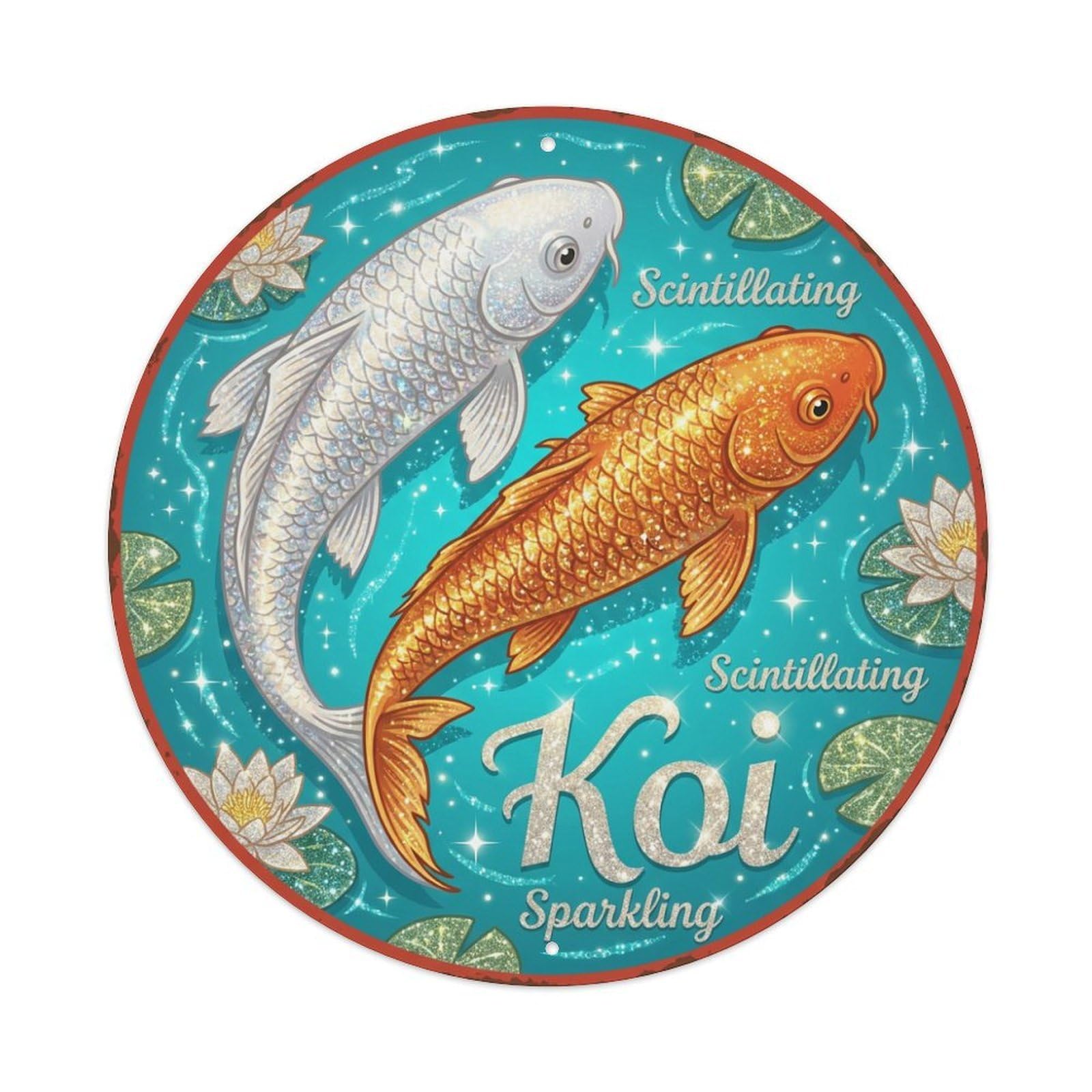 Metal Tin Sign Koi Fish Sparkle Shimmer Japan Vintage Ukiyo-e