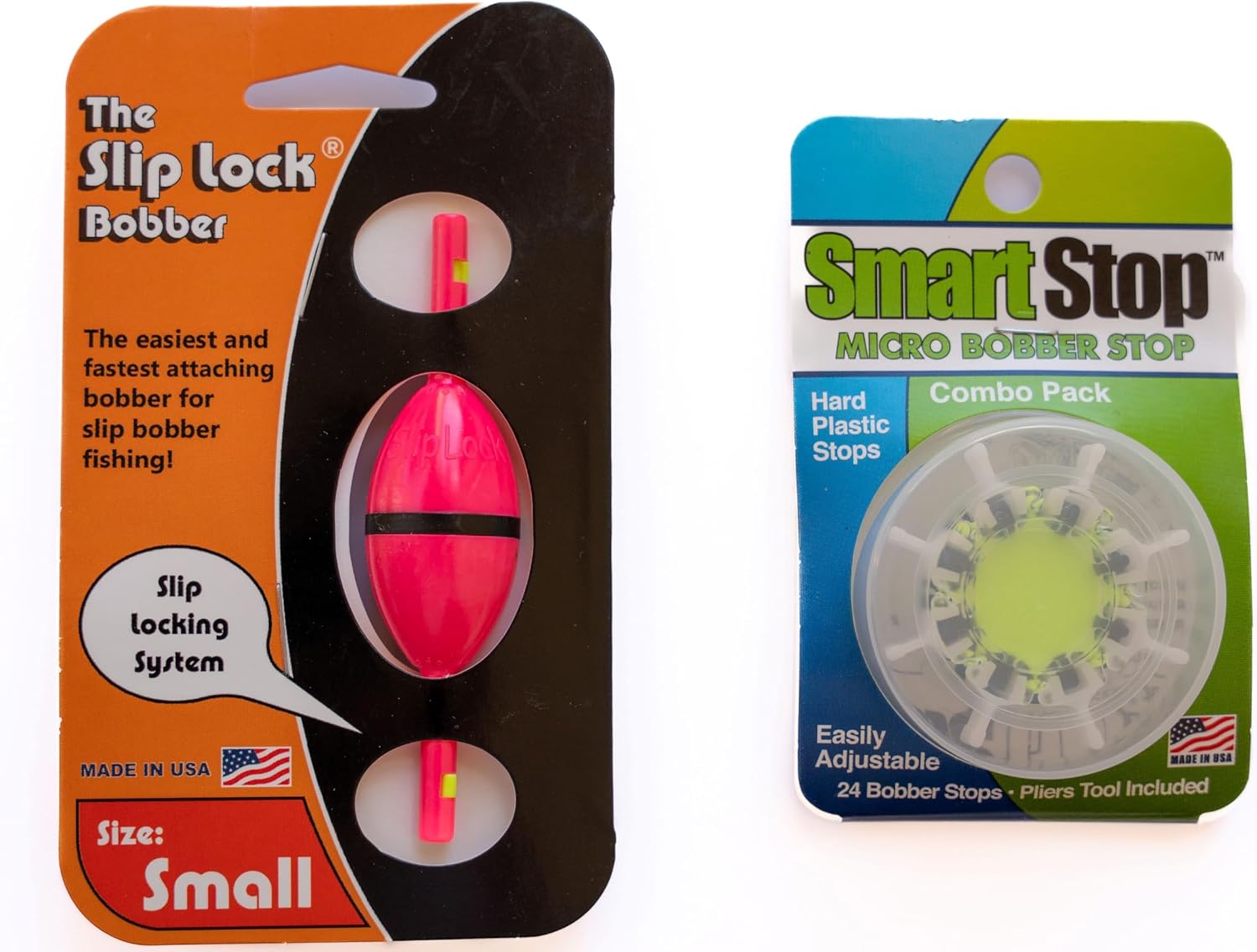 Pink Smart Slip Lock Bobber and Smart Stop Micro Bobber Stop Combo Pack (Mini, Small, Medium or Large) Includes New and Improved Tool to Attach Stops, No Pliers Needed.