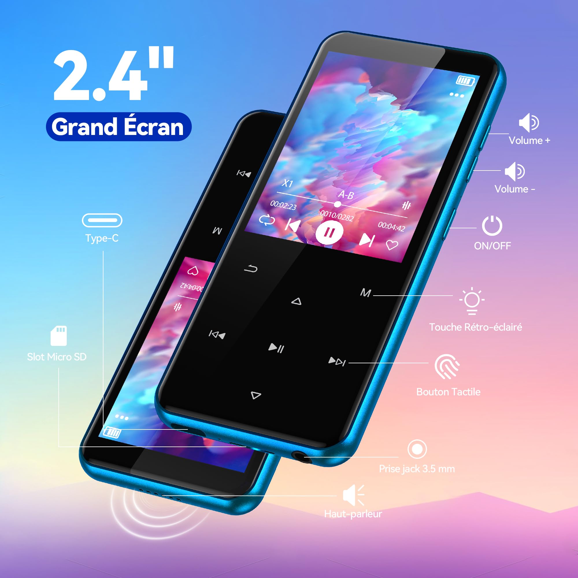 AGPTEK 2.4" Grand Écran MP3 Bluetooth avec Haut-Parleur, avec Etui Rigide en Matériel EVA