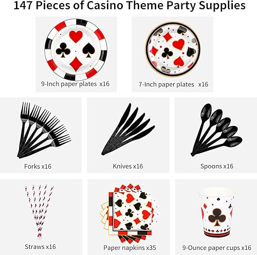 Miniatura 4 de durony Juego de vajilla de 147 piezas con temática de casino, incluye platos, servilletas, vasos, Staws y cubiertos para decoración de fiesta