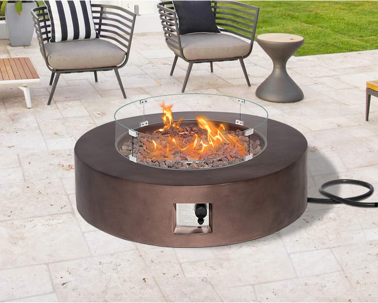 Buy Sunbury Outdoor Propane Burning Fire Pit Circular Dark Brown Patio Fire Table 50 000 Btu W Lava Rocks Glass Wind Guard Waterproof Cover Online In Indonesia B082kmfwhd