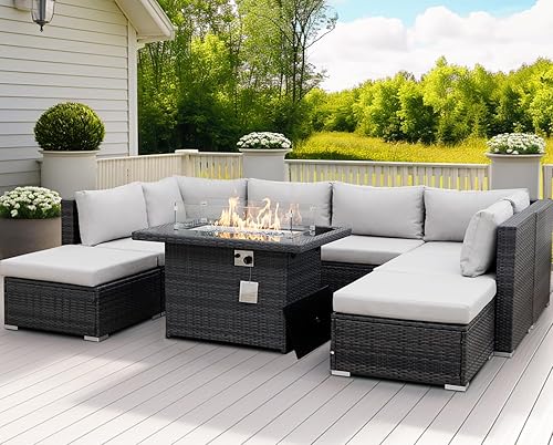 Miniatura 3 de NICESOUL Juego de conversación de patio al aire libre con respaldo alto de 29.3 pulgadas con fogata convertible, sofás modulares de mimbre de tamaño