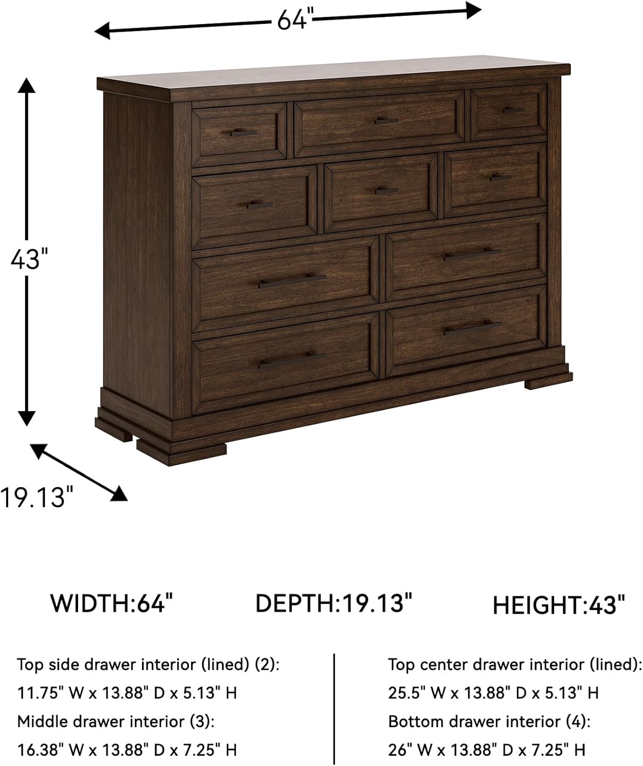 Signature Design by Ashley Taffenbrook Farmhouse 10-Drawer Bedroom Dresser with Felt-Lined Top Drawer for Jewelry and Delicates, Easy Glide Drawers, Picture Frame Moulding, Black Handles, Dark Brown Medium Brown 10 Drawer Dresser