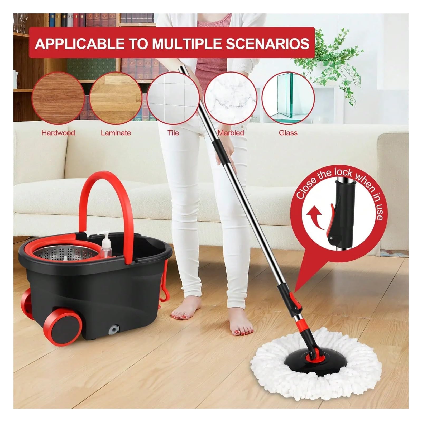 Fregona Juego de Cubos for trapeador con Ruedas Resistentes con escurridor y 3 Cabezales de Repuesto de Microfibra, Perfecto for el hogar, la Cocina, el Dormitorio y la Sala de Estar.