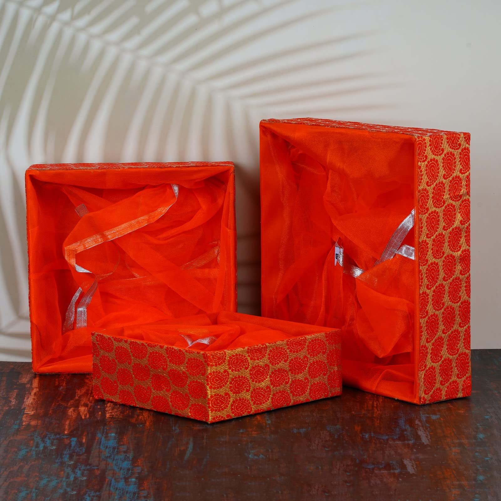 GROWNEX 3 Set Gift Hamper Baskets - Dry Fruits Storage Containers, Wedding Return Gifts, Baby Shower Favors, Trousseau Combo Trays with Net Cover (Floral Orange) 3