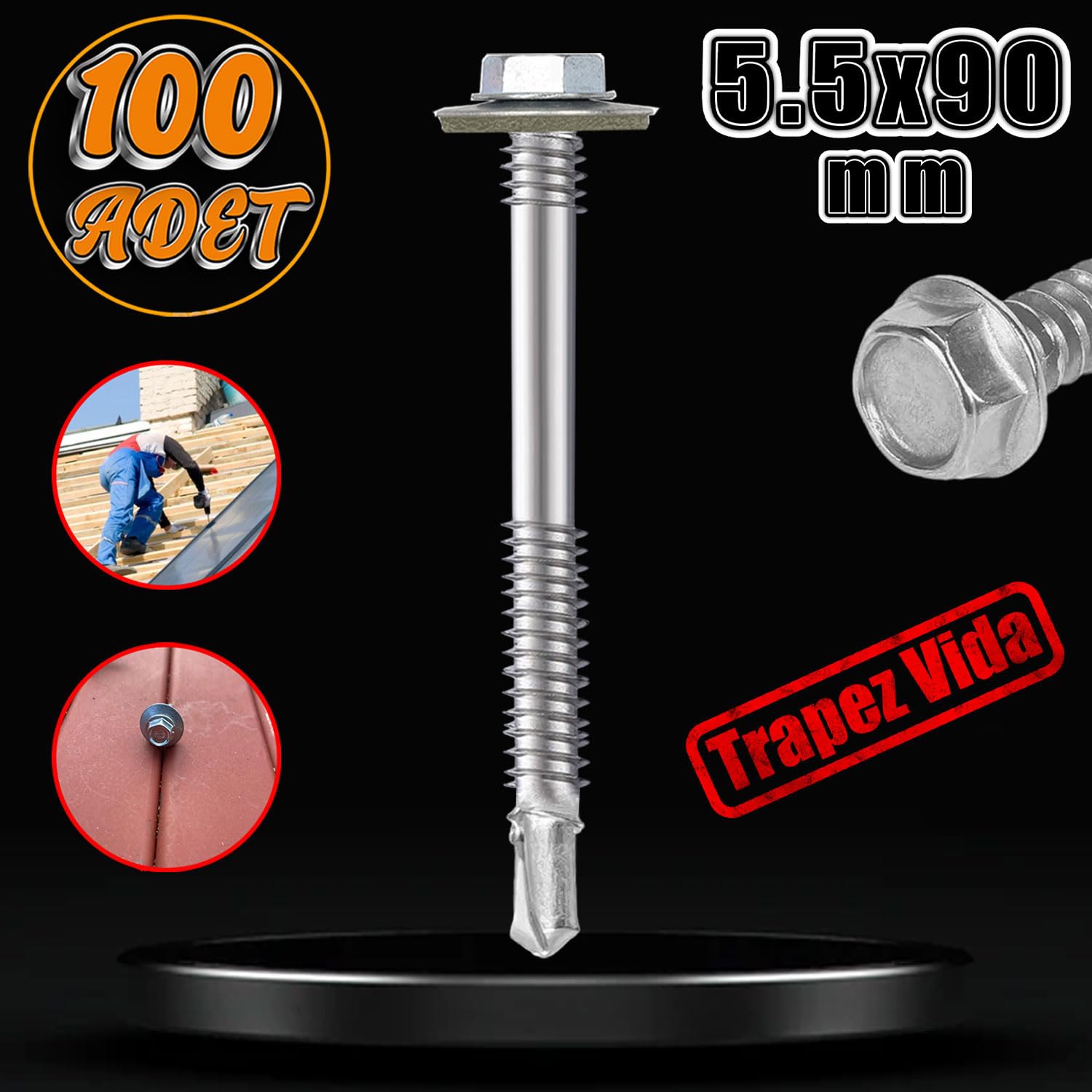 Badem10 Trapez Çatı Vidası 5.5x90 mm Paket 100 ADET Matkap Uçlu Sac Akıllı Vida Çatı Panel Metal Ağaç Vidası