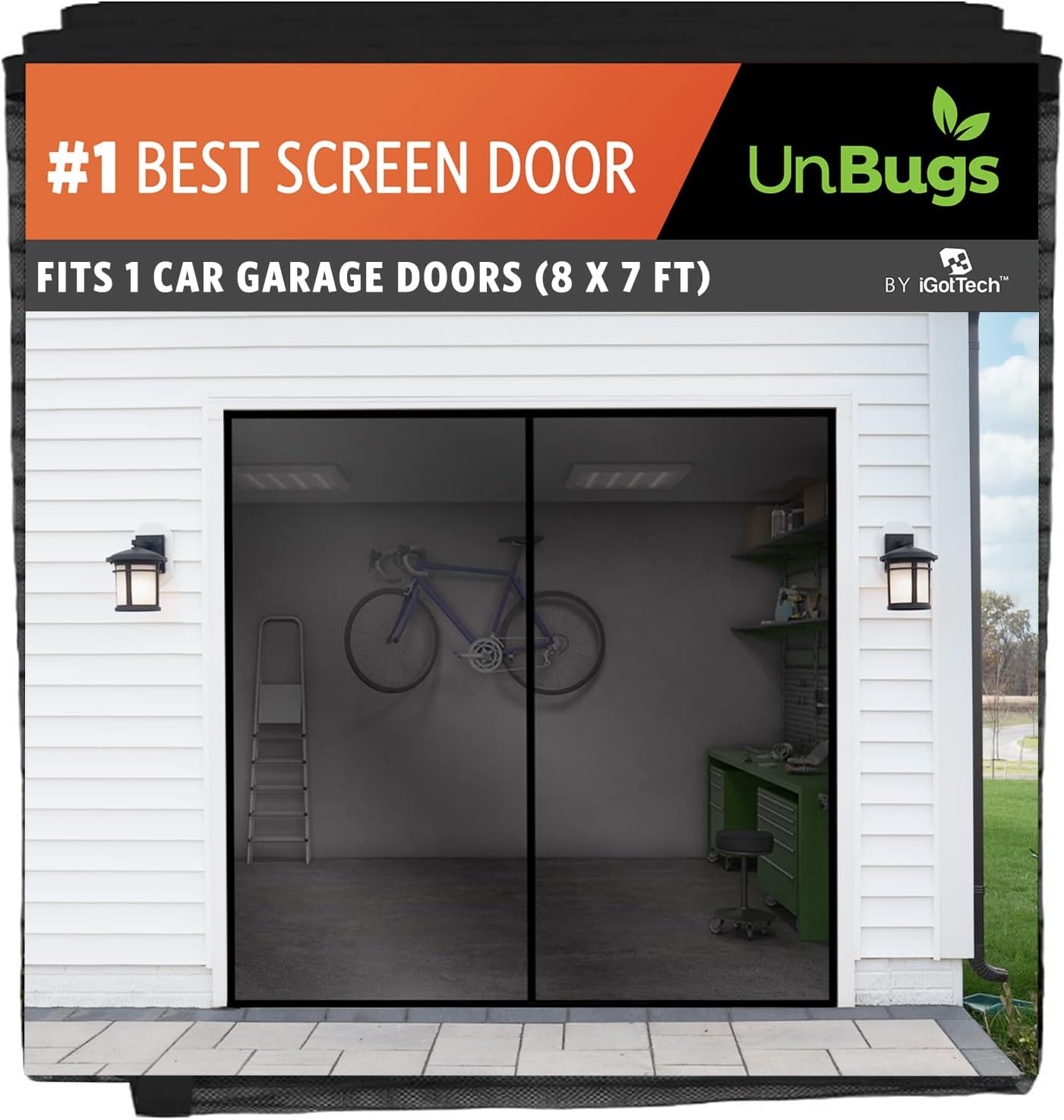 UnBugs Garage Screen Doors for 1 Car Garage - Fits Single Garage Doors up to 8 Feet Wide x 7 Feet Tall MAX - Pet & Kid Friendly, Self-Closing - Hands Free Magnet Closure Keeps Bugs Out & Breeze in