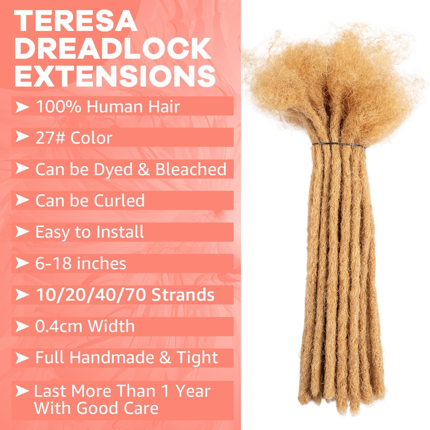 Teresa Small 0.4cm and Medium 0.8cm Width 100% Human Hair Dreadlock Extensions for Men/Women/Kids Permanent Dread Loc Extensions Human Hair Bundles(8 Inch-10Strands,Honey Blonde Color)